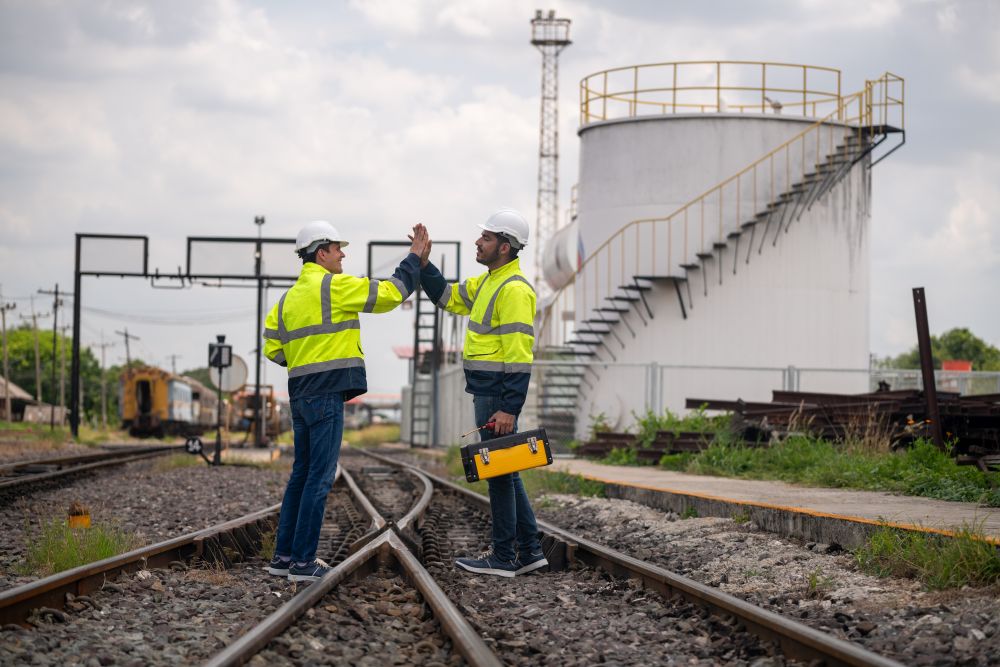 Two workers in safety gear high-five on train tracks near an industrial facility, celebrating success after completing THT Academy's Rigger and signalman course. One holds a yellow toolbox; structures and equipment can be seen in the background.