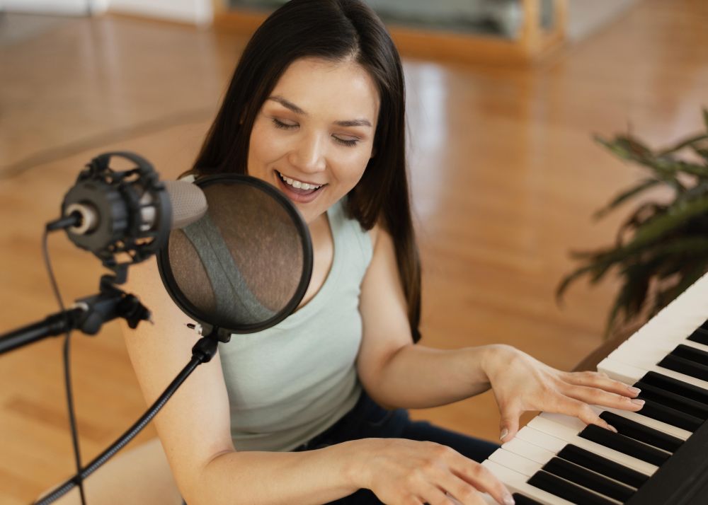 A woman plays a keyboard and sings into a microphone in a bright indoor setting, showcasing her skills from vocal lessons Singapore.