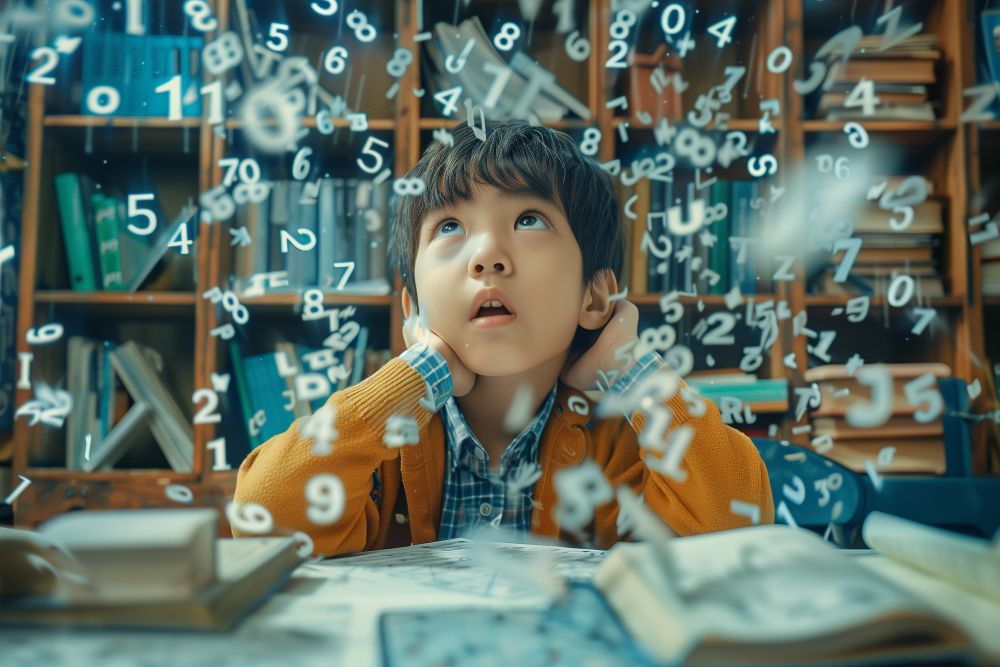 A young boy sits at a desk surrounded by books, looking up at floating numbers in a library setting, embodying the spirit of P6 Maths Tuition: Building Confidence Before PSLE.